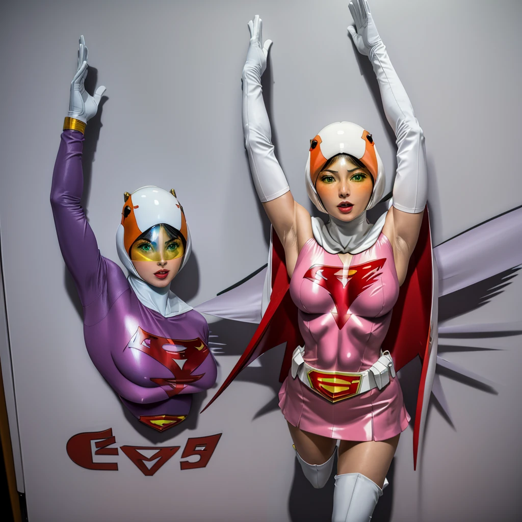 ANI_CLASSIC_jun_gatchaman_ownwaifu,1girl, ,good anatomy, masterpiece, best quality,realistic, hyperrealistic, 16k hdr,breasts,green eyes,lips,large breasts,lipstick,makeup,gloves,cape,helmet,belt,elbow gloves,white gloves,mask,ultra miniskirt,leotard,spacesuit,white tight overknee highheels boots,pink dress,superhero,bodysuit,cleavage,erected nipples,((jumping poses,arms up straight)),cameltoe