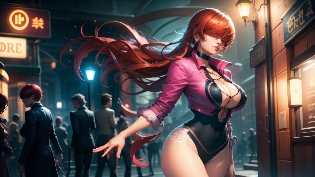 (at night), in a video game scene a background a beautiful city at night raining, alone, alone, standing at attention, pink suit, pink jacket, choker, neckline, cut of clothes, earrings, has long bangs on the hair covering the eyes ((hair over the eyes)), 1 girl, 20 years old, young woman, perfect hands, beautiful fingers, beautiful long legs, beautiful body, beautiful nose, beautiful character design, perfect face, looking at the spectator with serious gesture, is on a phone call with his cell phone in hand (focusing on his face), closed mouth, Light_Smile, official art, extremely detailed CG unity 8k wallpaper, perfect lighting, bright and colorful front lighting, skin glossy (masterpiece: 1.0), (best_quality: 1.0), ultra high resolution, 4K, ultra detailed photography, 8K, HDR, high resolution, nonsense:1.2, Kodak portra 400, film grain, blurred background, bokeh:1.2, lens flare, (vibrant_color:1.2), professional photography, (Beautiful, breasts: 1.4), (beautiful_face: 1.5), (narrow waist),
