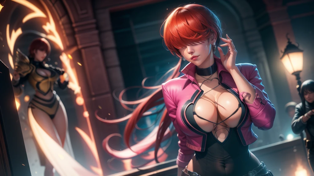 (at night), in a video game scene a background a beautiful city at night raining, alone, alone, standing at attention, pink suit, pink jacket, choker, neckline, cut of clothes, earrings, has long bangs on the hair covering the eyes ((hair over the eyes)), 1 girl, 20 years old, young woman, perfect hands, beautiful fingers, beautiful long legs, beautiful body, beautiful nose, beautiful character design, perfect face, looking at the spectator with serious gesture, is on a phone call with his cell phone in hand (focusing on his face), closed mouth, Light_Smile, official art, extremely detailed CG unity 8k wallpaper, perfect lighting, bright and colorful front lighting, skin glossy (masterpiece: 1.0), (best_quality: 1.0), ultra high resolution, 4K, ultra detailed photography, 8K, HDR, high resolution, nonsense:1.2, Kodak portra 400, film grain, blurred background, bokeh:1.2, lens flare, (vibrant_color:1.2), professional photography, (Beautiful, breasts: 1.4), (beautiful_face: 1.5), (narrow waist),
