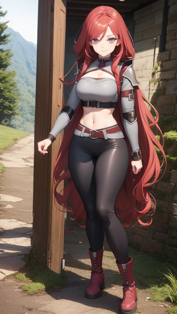 Tall woman, long bright red hair, curly, anime style, gentle smile, gray cloth leggings, hiking boots, burgundy crop top, leather chest armor, exposed cleavage and midriff, standing, bright lilac eyes, detailed eyes, backpack