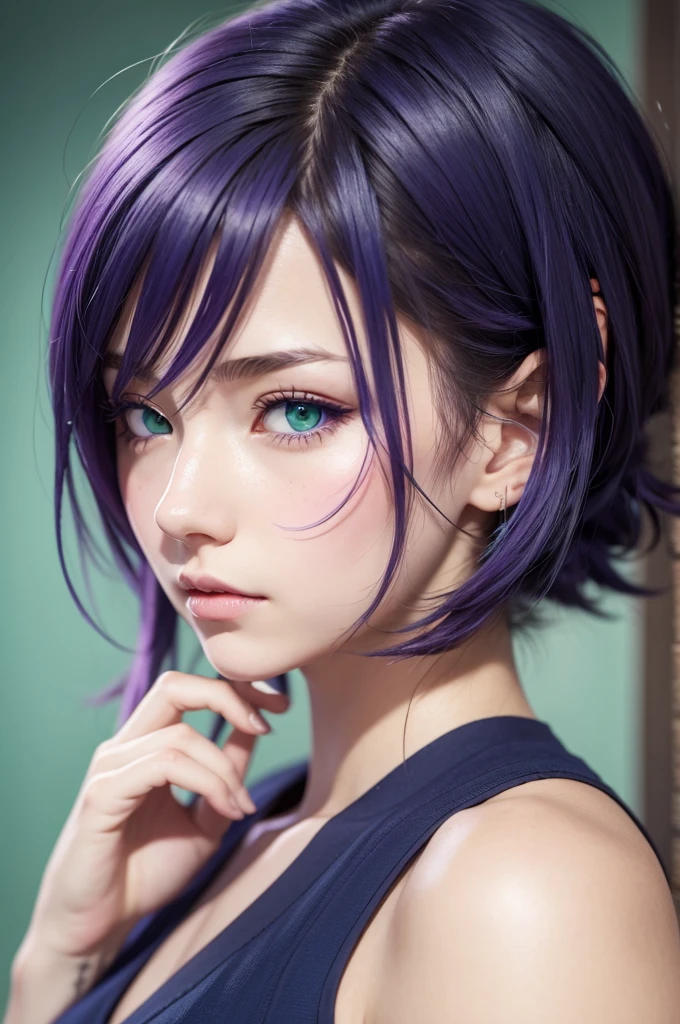 Girl with blue and purple hair, green eyes, brunette, haikyuu anime style