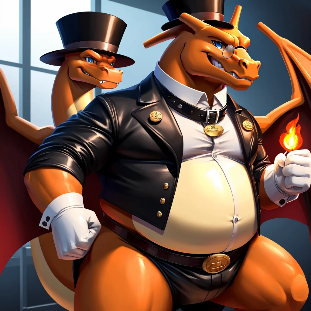 Solo, Male, fat, extremely obese, gentleman, dapper Professor Charizard, blue eyes, (posing:1.3), (soft shading), 4k, hi res, ((detailed face, detailed)), looking at viewer, mouth wide open, steampunk, dapper clothing, collared shirt with buttons, top hat, male focus, Explorer Outfit, glasses, monocle, vest with buttons, sleeves rolled up, round eyewear, brown headwear, brown vest, office, Charizard is wearing a glossy leather dog collar around the neck, Charizard is wearing the leather collar and shirt and vest at the same time, Charizard is wearing glossy white rubber gloves on the hands, wearing white rubber gloves on the feet, gloves are rubber in texture, clenching teeth, clenching fists, leather collar is glossy and shiny with a lot of detail, Charizard is wearing gloves and leather collar at the same time, leather collar has a round dog-tag, leather collar is thick and detailed, leather collar is glossy and shiny, fancy clothing, dapper vest, dapper shirt, leather collar is thick, glossy leather collar.