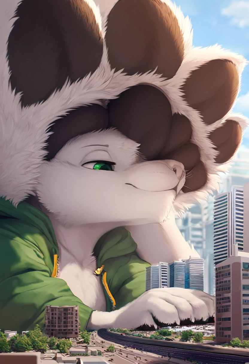 anthro, cat, white fur, green eyes, green jacket, big ears, Macro, Fußfocus, alone, good lighting, Focus on feet, Sit, licks the sole of his own foot, fluffy, pelzig paws, Paw pads, schwarze Paw pads,