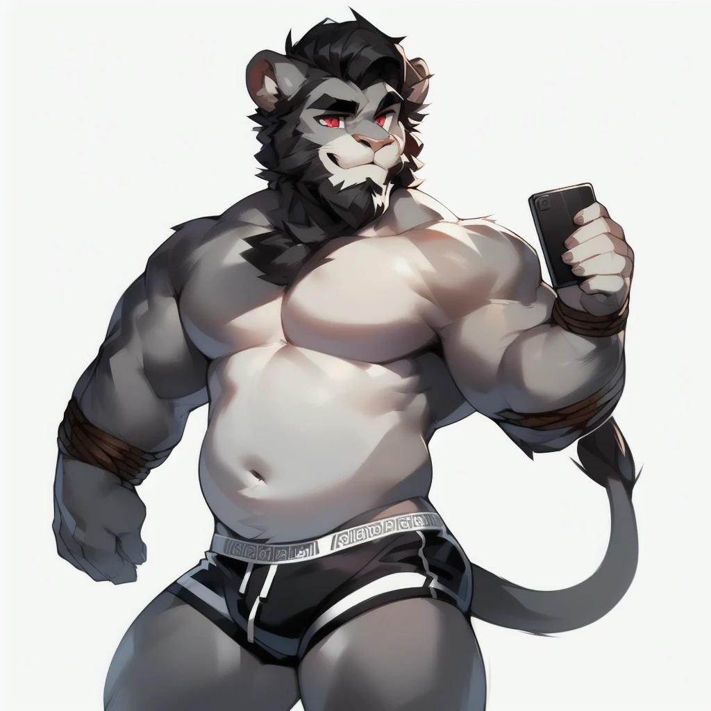 (Masterpiece: 1.2, highest quality), (intricate details), male, 1 guy, Solo, Upper body, Casual, (short hair), lion, by mystikfox61, by darkgem, (hair, snout), small round lion ears, light pink nose, crooked mouth, smiling, detailed face, (large cartoon eyes, perfectly circular eyes), red pupils, detailed fluffy fur, (((short super straight swept-back hair, short jagged pointy hair, short slicked back hair, extremely short beard, curly beard, puffy frizzy goatee, widows peak))), ((((short hair tied low, scruffy side-locks, lovelocks under ears)))), relaxed body, digital art, natural lighting, sweaty, (((soft muscular arms, soft perfectly-round chubby torso, soft body, tall pecs, very tall pectoral region, very short abdominal region, perfectly round chest, wide body, extra short stocky build, shortstack male body))), white stomach, beard, ((short dark grey hair, short dark hair, thick jagged eyebrows, light grey body, gray body)), pale underbelly, white counter-shaded torso and mouth, throbbing, (((white background))), (black faded ashen boxerbriefs, monochrome black trunks), pastel light blue towel on his shoulder, red phone, lion tail, (navel toward the bottom, vertical bellybutton)
