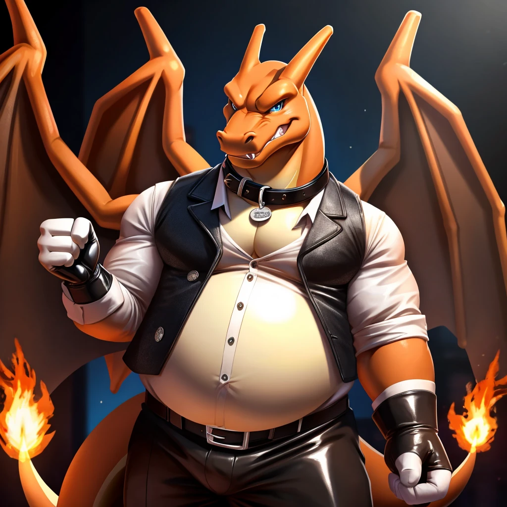 Solo, Male, fat, extremely obese, gentleman, dapper Professor Charizard, blue eyes, (posing:1.3), (soft shading), 4k, hi res, ((detailed face, detailed)), looking at viewer, mouth wide open, steampunk, dapper clothing, collared shirt with buttons, top hat, male focus, Explorer Outfit, glasses, monocle, vest with buttons, sleeves rolled up, round eyewear, brown headwear, brown vest, office, Charizard is wearing a glossy leather dog collar around the neck, Charizard is wearing the leather collar and shirt and vest at the same time, Charizard is wearing glossy white rubber gloves on the hands, wearing white rubber gloves on the feet, gloves are rubber in texture, clenching teeth, clenching fists, leather collar is glossy and shiny with a lot of detail, Charizard is wearing gloves and leather collar at the same time, leather collar has a round dog-tag, leather collar is thick and detailed, leather collar is glossy and shiny, fancy clothing, dapper vest, dapper shirt, leather collar is thick, glossy leather collar.