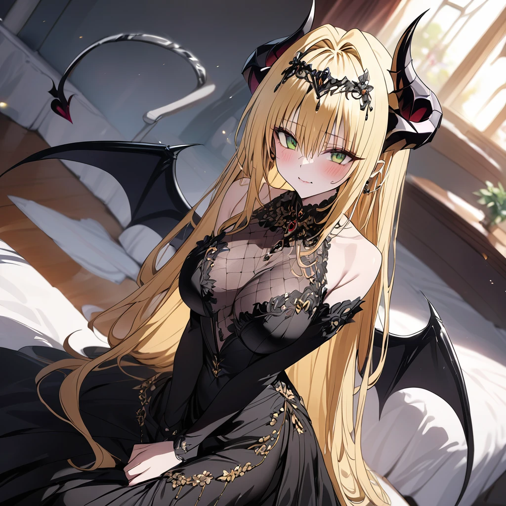 ((Highest quality)), ((masterpiece)), (detailed), （Perfect Face）、An evil, jet-black demon with jet-black skin.、The woman was a beautiful, jet-black archdemon with jet-black skin, the evil queen of the demon world, Devil Queen Tiare, with green eyes, blonde medium-long hair, a gorgeous black wedding dress with gold embroidery and trim, a black wedding veil, an engagement ring, and luxurious accessories, and was a beautiful, elegant archdemon, the Demon Queen, lavishly decorated and jeweled.、A beautiful, jet-black-skinned demon with magnificent devil horns, devil wings, and a devil tail.