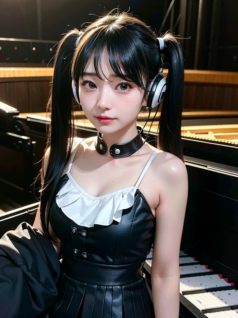 40-year-old Japanese woman、Black Hair、Hair is very short、Twin tails、Hatsune Miku Costume、Headphones、Flat Chest、Realistic photos、Realistic、8K quality、expensive、No bangs、High resolution, Highest quality, Anatomically correct, Winner of numerous awards, Ultra high definition, Live Performance Venues、Playing the piano