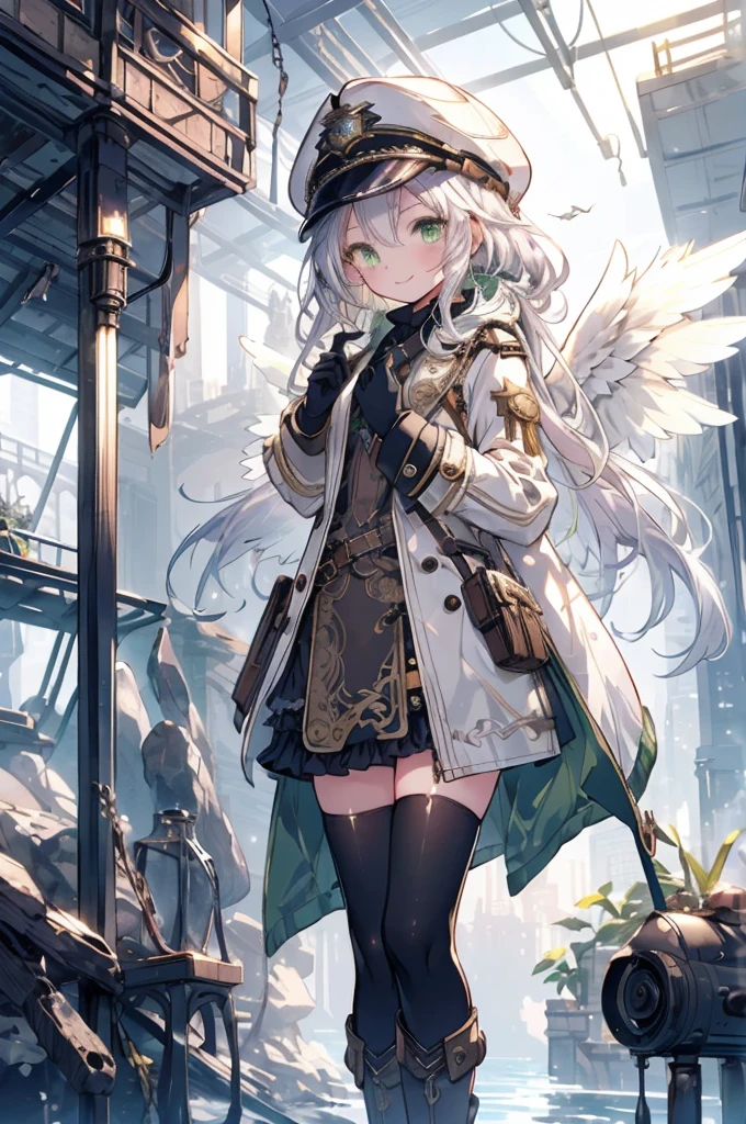 One girl, (masterpiece), Highest quality, Silver Hair, Semi-long hair, Green Eyes, smile, (low length), (Young), Steampunk costumes, Put on a white coat, Magical atmosphere, White Wings, Newsboy cap with goggles, High resolution