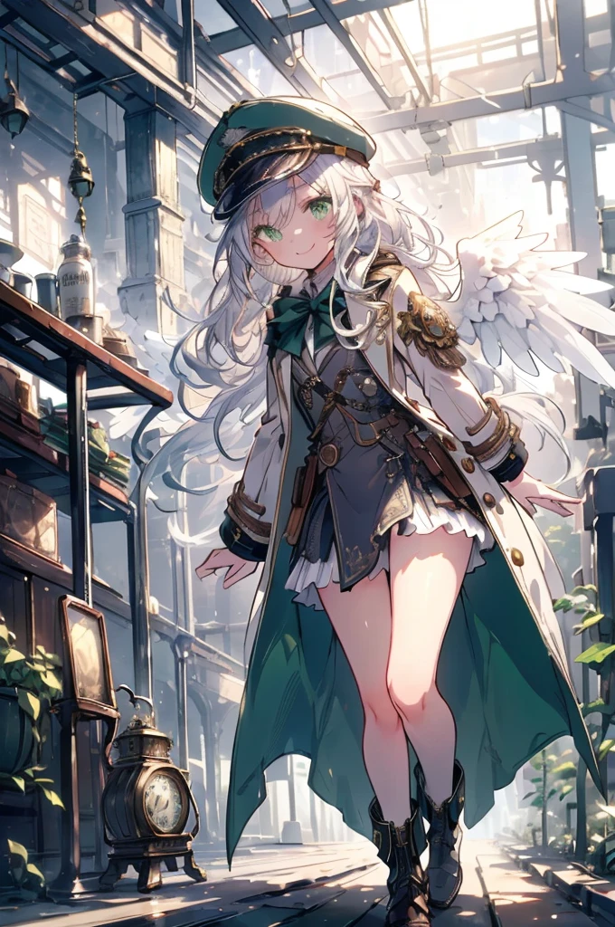 One girl, (masterpiece), Highest quality, Silver Hair, Semi-long hair, Green Eyes, smile, (low length), (Young), Steampunk costumes, Put on a white coat, Magical atmosphere, White Wings, Newsboy cap with goggles, High resolution