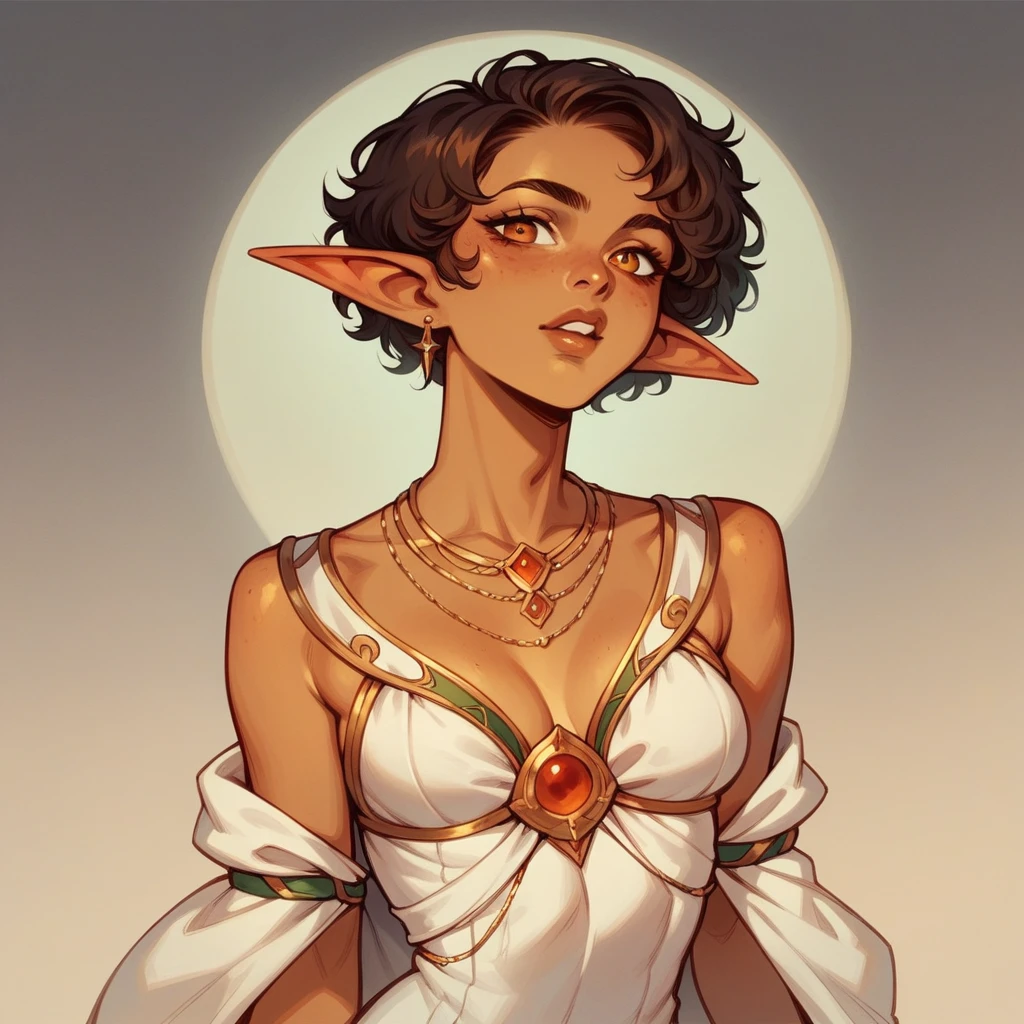 Elf female with dark curly short hair, eyes with amber colors, golden skin. She is a druid, using a very light leather dress.