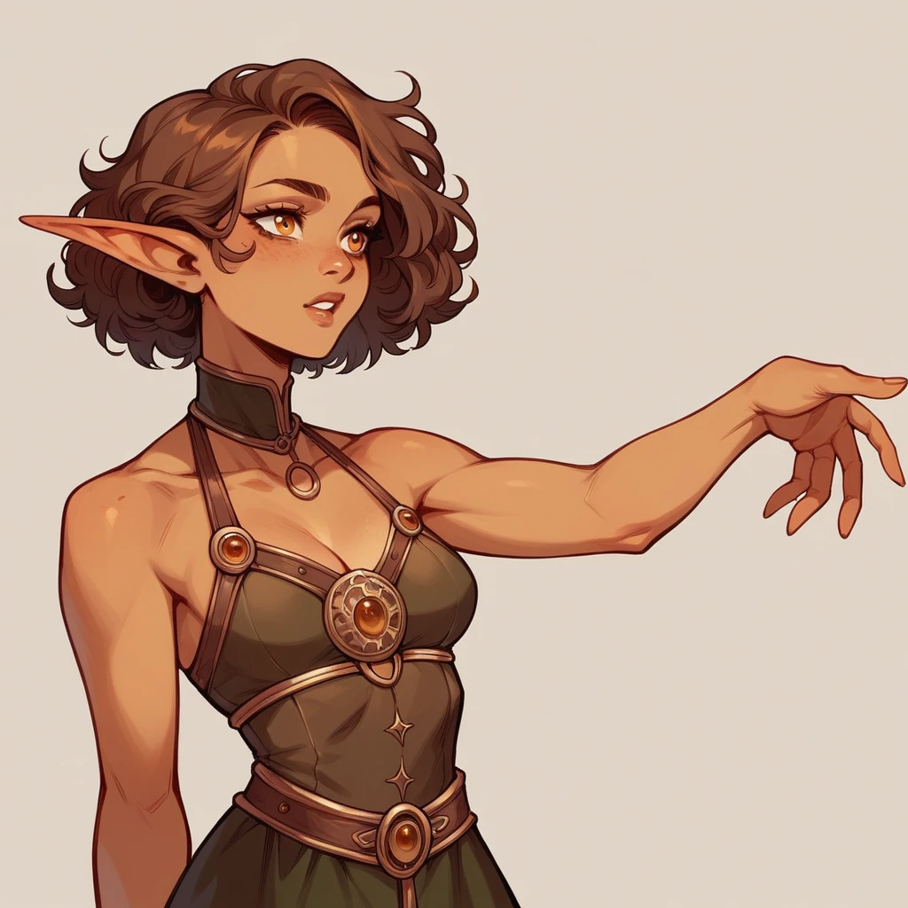 Elf female with dark curly short hair, eyes with amber colors, golden skin. She is a druid, using a very light leather dress.