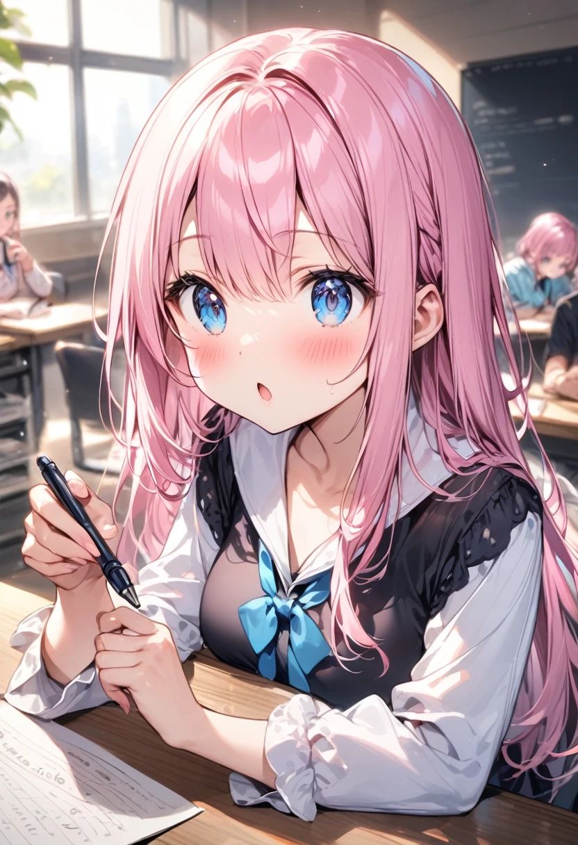 Holding a pen、stenographer、Girl with pink hair、blue eyes