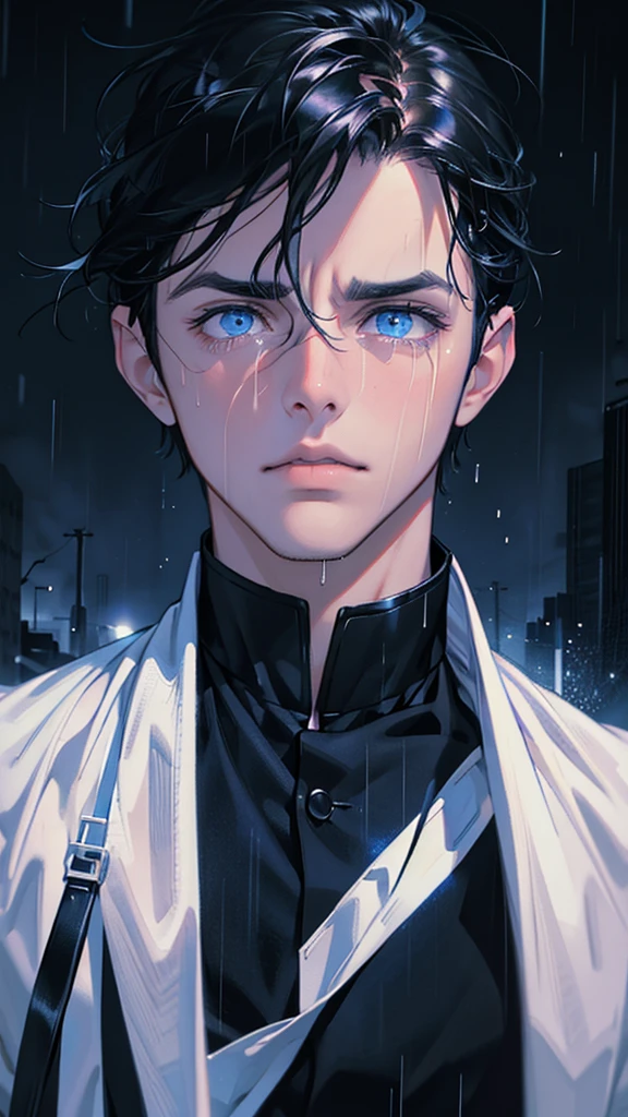a guy looking into the light surrounded by rain 1boy, male focus, blue eyes, tears, solo, black hair, portrait, crying