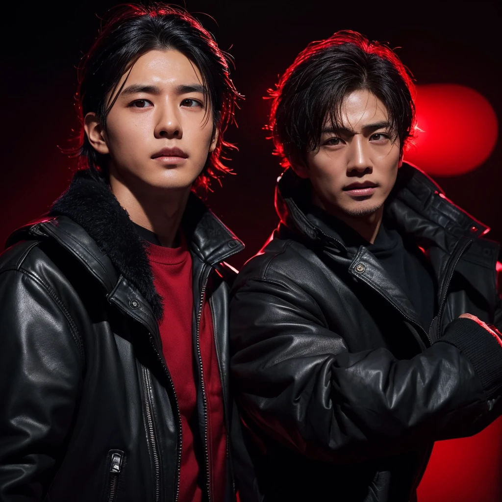 Young man wearing black jacket and gogles and dark gray skin white messy hairs handsome man had told up side and red background with side posed & cinematic lighting and healthy body upper body image with crisp photo details