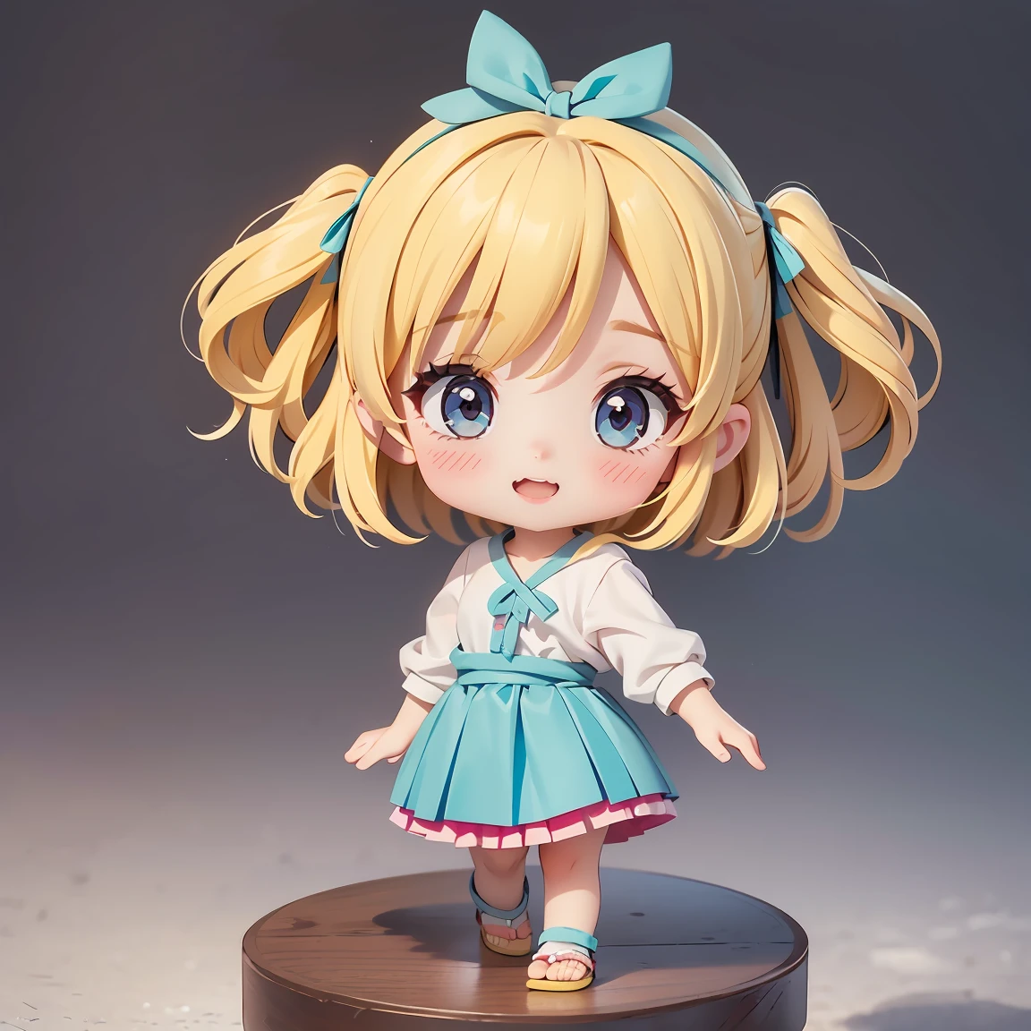 Super Chibi Character:1.8、wearing cute sandals、background:Simple all over、Blonde Hair、Cute 7 year old girl、Random cute outfits、Short legs、Sandals with ribbon、Dancing happily、Dancing happily