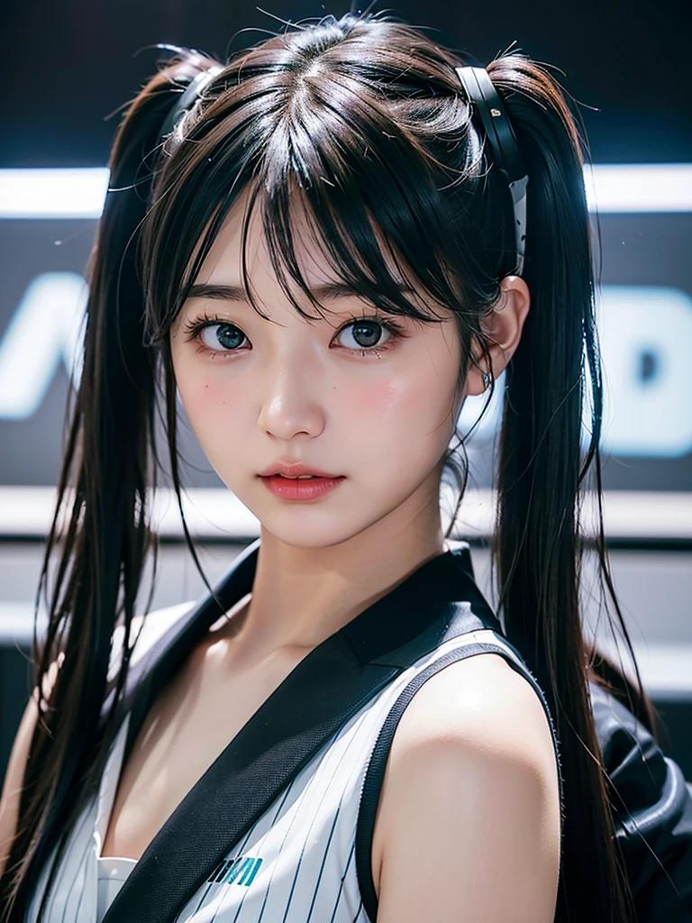 40-year-old Japanese woman、Black Hair、Hair is very short、Twin tails、Hatsune Miku Costume、Headphones、Flat Chest、Realistic photos、Realistic、8K quality、expensive、No bangs、High resolution, Highest quality, Anatomically correct, Winner of numerous awards, Ultra high definition, Live Performance Venues、Playing the drums