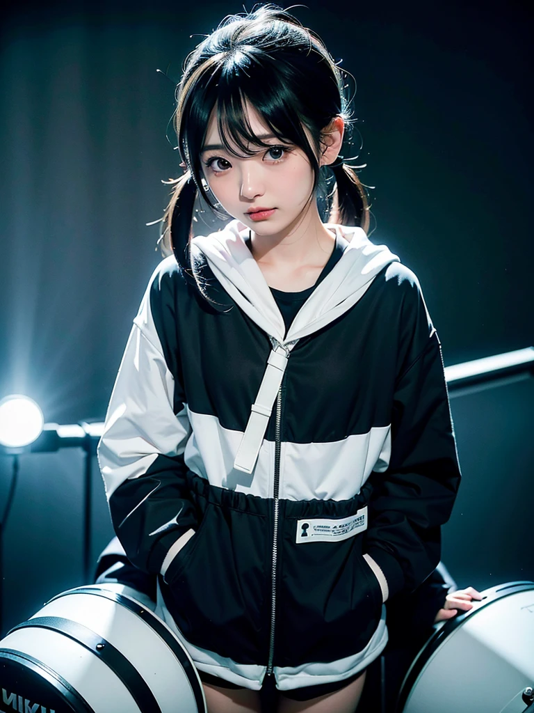 40-year-old Japanese woman、Black Hair、Hair is very short、Twin tails、Hatsune Miku Costume、Headphones、Flat Chest、Realistic photos、Realistic、8K quality、expensive、No bangs、High resolution, Highest quality, Anatomically correct, Winner of numerous awards, Ultra high definition, Live Performance Venues、Playing the drums