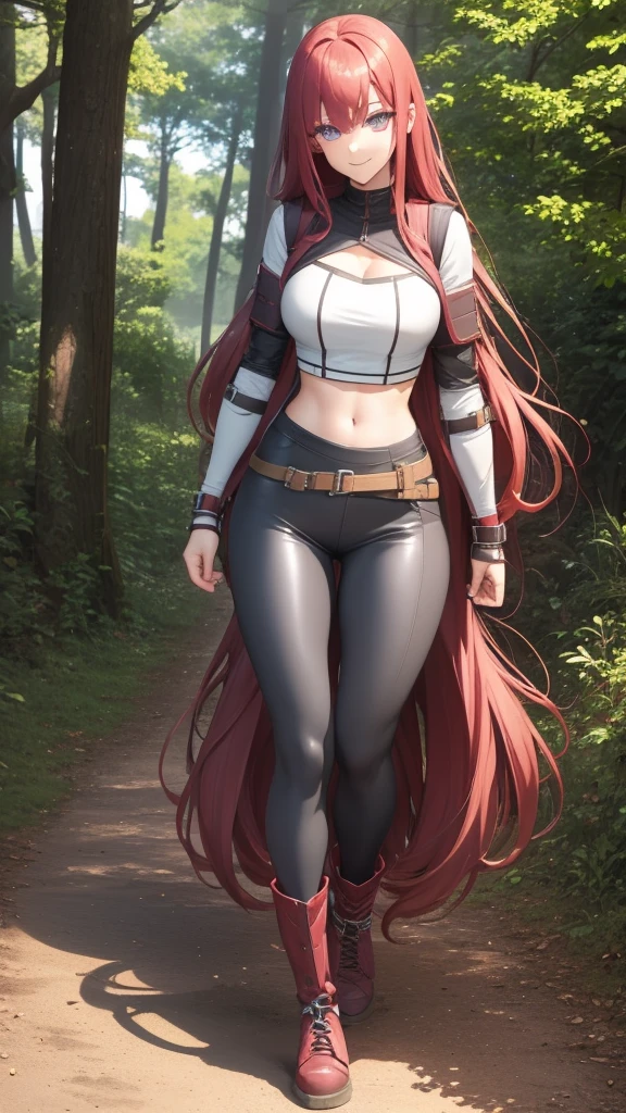 Tall woman, long bright red hair, curly, anime style, gentle smile, gray cloth leggings, hiking boots, burgundy crop top, leather chest armor, exposed cleavage and midriff, standing, lilac anime eyes, backpack