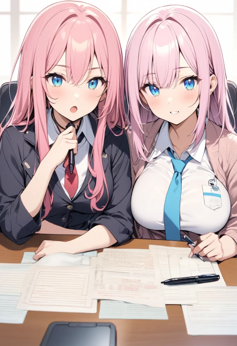 Holding a pen、stenographer、Girl with pink hair、blue eyes