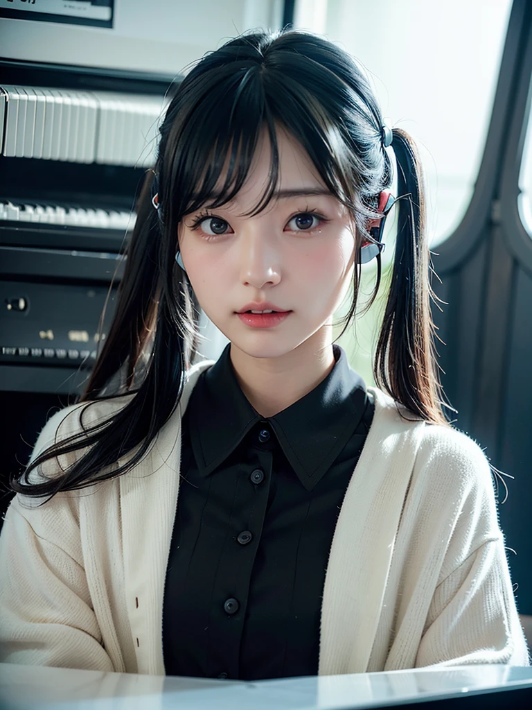 40-year-old Japanese woman、Black Hair、Hair is very short、Twin tails、Hatsune Miku Costume、Headphones、Flat Chest、Realistic photos、Realistic、8K quality、expensive、No bangs、High resolution, Highest quality, Anatomically correct, Winner of numerous awards, Ultra high definition, Live Performance Venues、Playing the piano