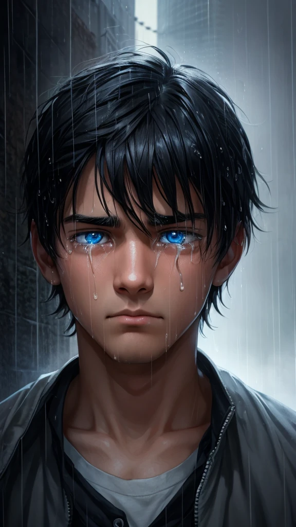 a guy looking into the light surrounded by rain  1boy, male focus, blue eyes, tears, solo, black hair, portrait, crying