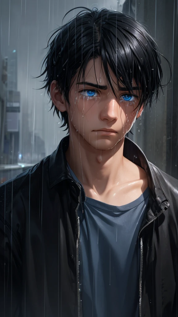 a guy looking into the light surrounded by rain 1boy, male focus, blue eyes, tears, solo, black hair, portrait, crying