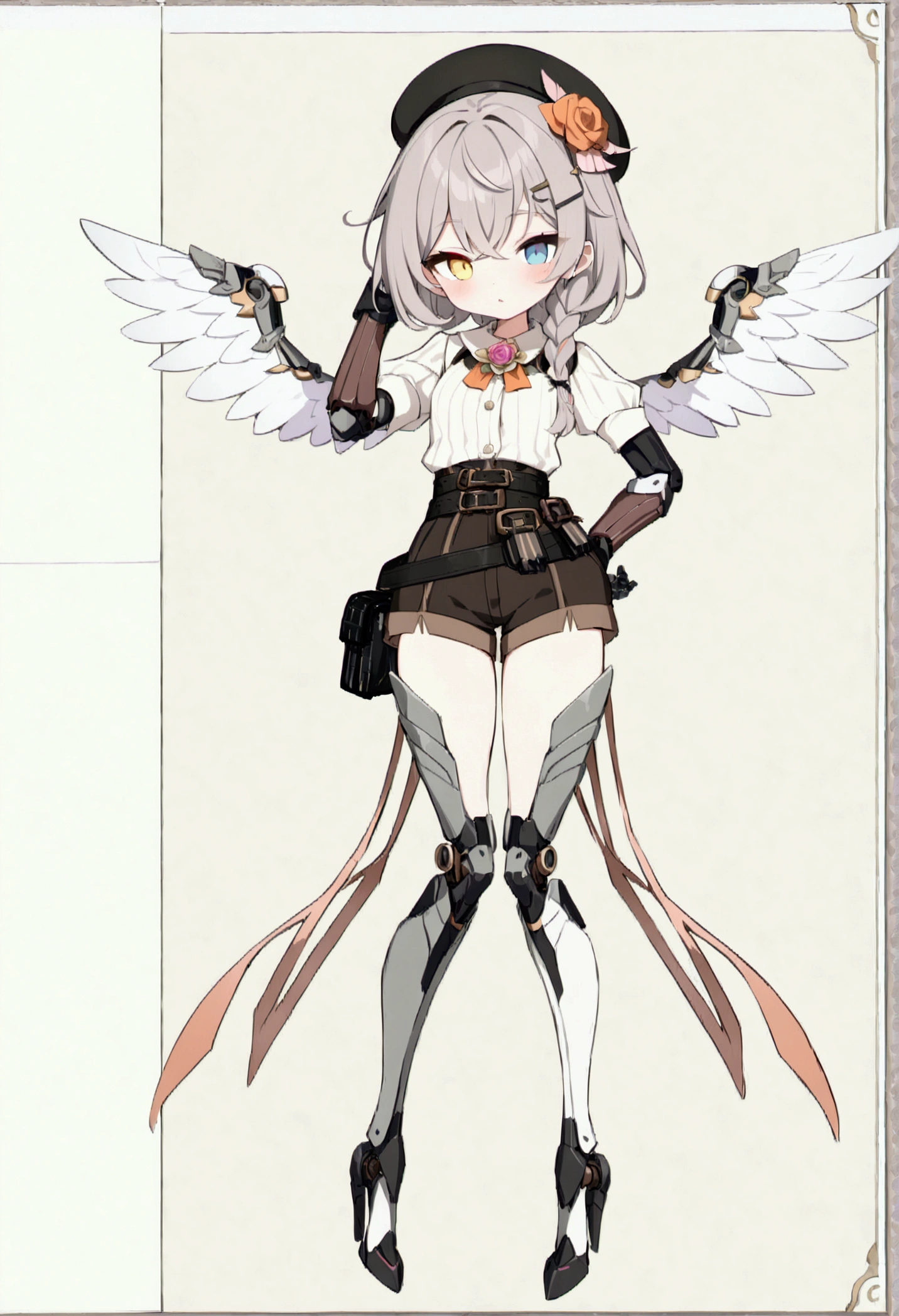 woman 165cm tall, (whole body: 1.5), slim build, , charming look, ((heterocromia: ojo right naranja y ojo izquierdo violeta)), (Shoulder Length Wavy Gray Hair, medium braid on the left side of the hair: 1.2, big open bangs, largo flequillo en el lado izquierdo y right del cabello sobre las mejillas , golden gear hairpin on the left side of the hair: 1.1), (((complex mechanical legs up to the hip, The legs are black with gray parts and small pink details))), (((complex mechanical arms up to the elbows, The arms are black with gray parts and small pink details))), ((a pair of complex white mechanical angel wings with pastel green parts)), (elegant black French beret, orange rose ribbon on the beret: 1.2), (stylish white short sleeve button down shirt, dark brown shorts with straps from the waist, elegant black belt, small rose brooch on shirt collar, beautiful mechanical stilettos), (((full body character design sheet: vista 3/4))), ((Pastel yellow background)), extremely detailed hair, beautiful detailed clothing, extremely detailed arms, extremely detailed face, (Extremely detailed hands), perfect hands, beautiful detailed eyes, beautiful detailed lips, adorable, extremely detailed legs, (Best Quality, 8k, ultra resolution), ultra detailed, Exquisite and epic character art, (Focus on symmetry), (extremely detailed wings), (body position: standing, right, symmetrical), looking at the viewer, small face.