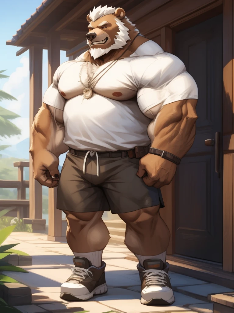 a potrait, full body, semirelistic:1.2, masterpiece, detailed face, muscular old grizzly bear in front house, old bear, thick arm, huge arm, huge brown fur, bearded. white hair and beard, bearded, muscular, pectoral, wide pectoral, realistic, 8k, masterpiece, (wearing white shorts and shirtless:1.3, shoes), grin