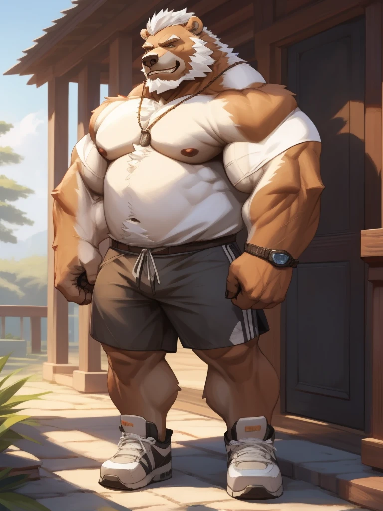 a potrait, full body, semirelistic:1.2, masterpiece, detailed face, muscular old grizzly bear in front house, old bear, thick arm, huge arm, huge brown fur, bearded. white hair and beard, bearded, muscular, pectoral, wide pectoral, realistic, 8k, masterpiece, (wearing white shorts and shirtless:1.3, shoes), grin