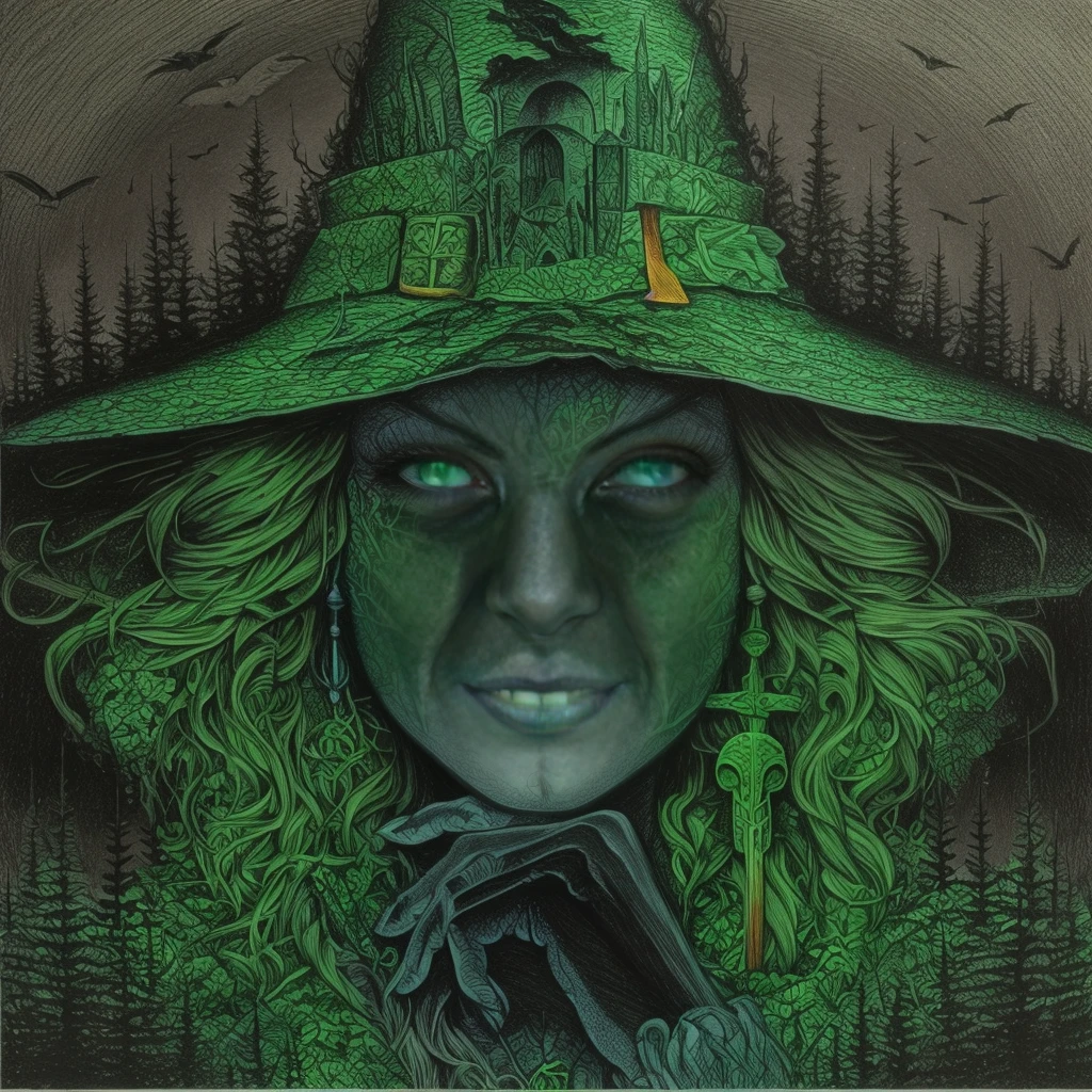 Color pencils a witch with green eyes,green Tree