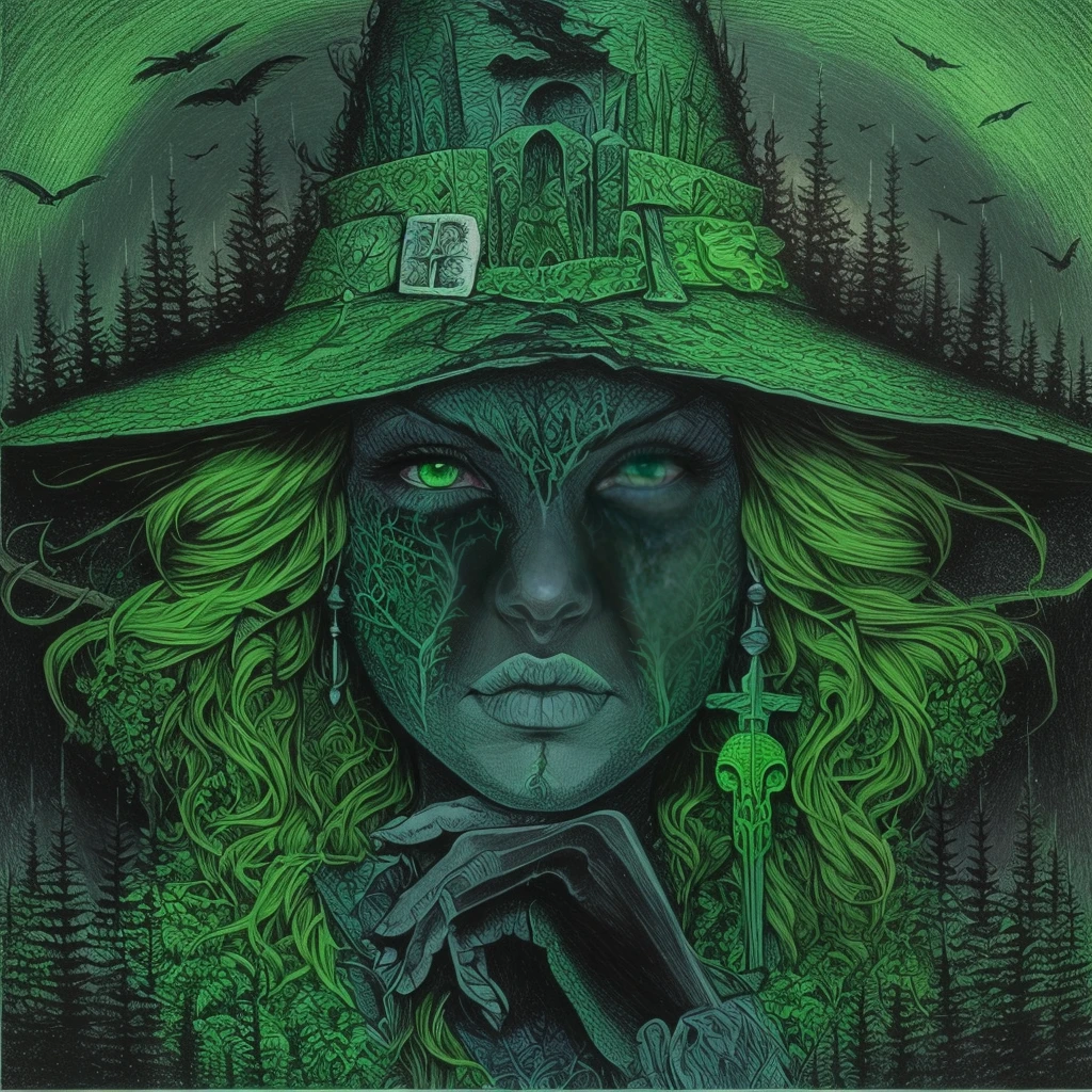Color pencils a witch with green eyes,green Tree