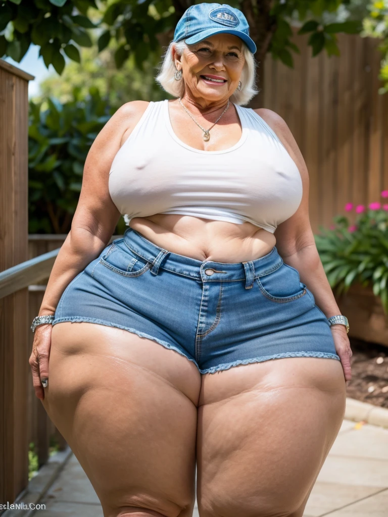 Beautiful seventy year old lady wearing short denim shorts and showing off a big round ass in zoom in, big ass in close up for the camera