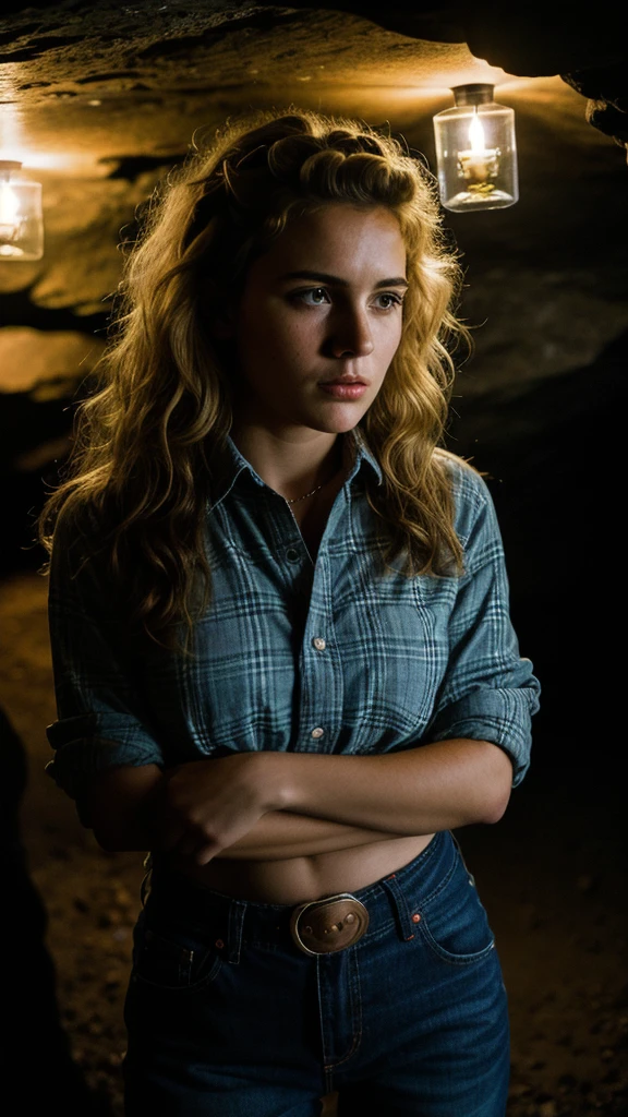 photograph of a woman, (worried facial expression), textured skin, Goosebumps, blonde afro hair, plaid flannel shirt with worn boyfriend jeans, cowboy shot, dark and mysterious cave with unique rock formations and hidden wonders, perfect eyes , (Candlelight,chiaroscuro), Porta 160 color, shot on ARRI ALEXA 65, bokeh, sharp focus on subject, shot by Don McCullin