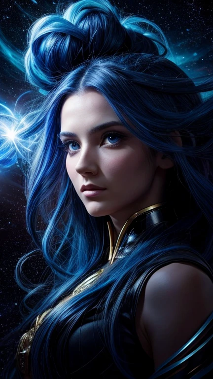 1 woman with hair and stars in her hair, Glowing blue face, Shiny flowing hair, girl with space hair, From blue fire, Yuri Shvedoff and Tom Bagshaw, glowing hair, Portrait of a cosmic goddess, glowing hair, strange portrait with a galaxy, portrait of a cosmic creature, visible smears