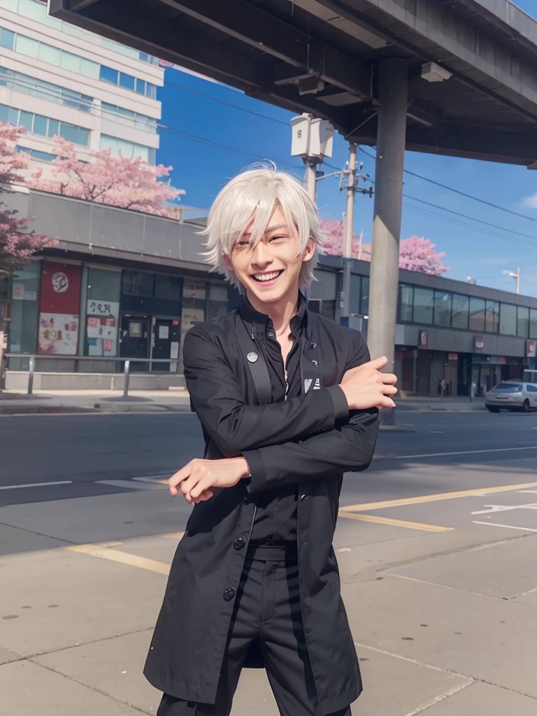 anime character dressed in black standing on a city street, dapper dream demon, he has dark grey hairs, fashion gameplay screenshot, he using japan school boy uniform, Blue eyes, cloth sim,.Gojou satoru, jujutsu kaisen. Laughing, fake smiling.