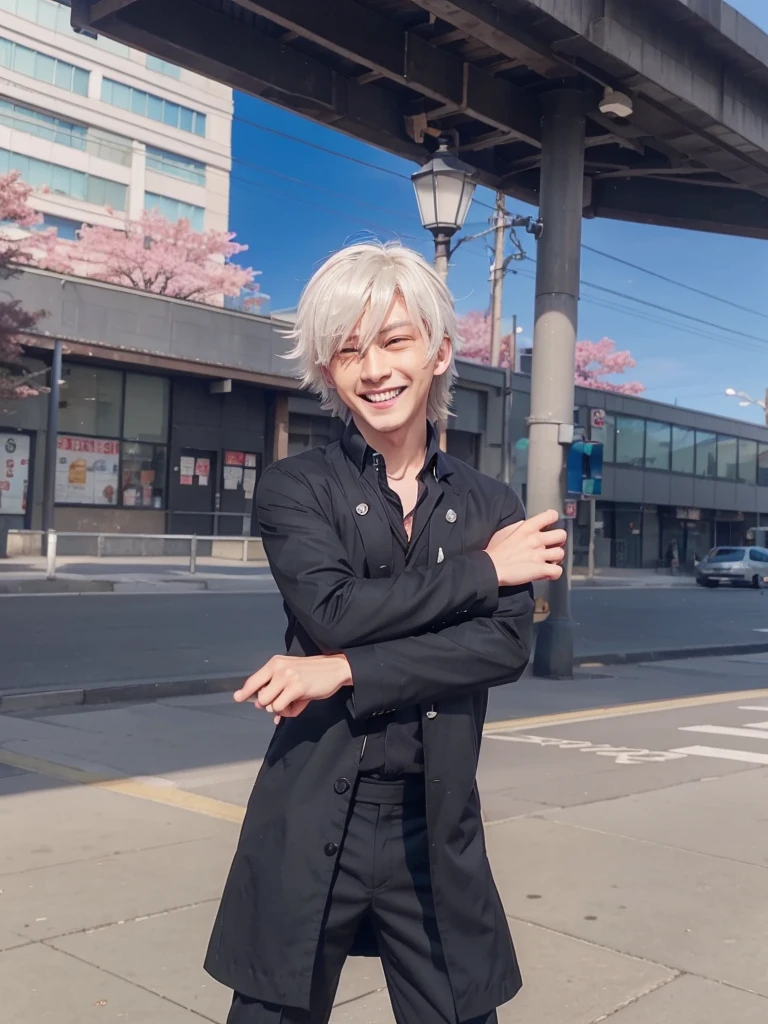 anime character dressed in black standing on a city street, dapper dream demon, he has dark grey hairs, fashion gameplay screenshot, he using japan school boy uniform, Blue eyes, cloth sim,.Gojou satoru, jujutsu kaisen. Laughing, fake smiling.