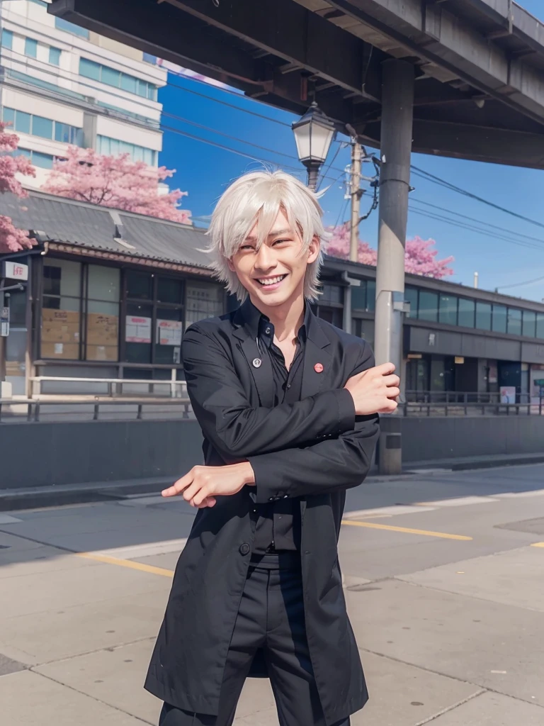 anime character dressed in black standing on a city street, dapper dream demon, he has dark grey hairs, fashion gameplay screenshot, he using japan school boy uniform, Blue eyes, cloth sim,.Gojou satoru, jujutsu kaisen. Laughing, fake smiling.