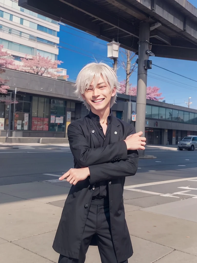 anime character dressed in black standing on a city street, dapper dream demon, he has dark grey hairs, fashion gameplay screenshot, he using japan school boy uniform, Blue eyes, cloth sim,.Gojou satoru, jujutsu kaisen. Laughing, fake smiling.