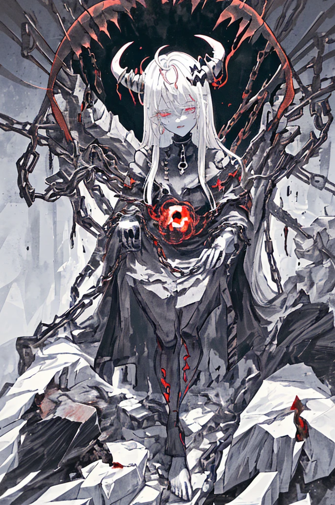 a being with a humanoid body all gray and white, he has giant horns on his head, It has 7 mouths with sharp teeth on its body, and several black eyes with red pupils on his face, your hands are made of giant claws, and they are chained with black chains that emanate darkness and cosmic energy, your feet and body also have these chains, on its back there are 15 black tentacles made of darkness that emanate cosmic and infernal energy, on the tentacles are very sharp white tips that emanate nothingness, on his head is a white crown with gray tips with strange and unknown symbols that only he understands, These symbols emanate divine magical energy, In his left hand he holds all reality and in his right hand he holds all darkness in its purest and most primordial form, Your body is stained with the blood of primordial beings.