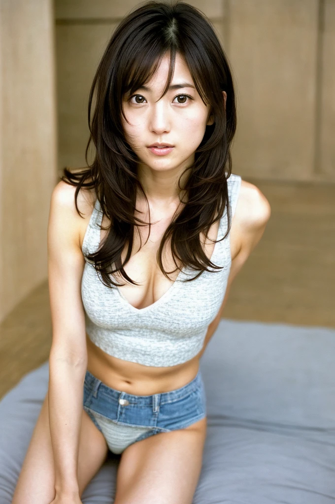 (((One girl,alone))),(Highly realistic photos, High resolution, Detailed face, Beautiful Eyes) Japanese women, 30 years old, Cute Face, Nice body, Medium chest, ,Hairstyle,  Take a photo book,Healthy Body,Thighs、turn over、I can see her panties,Tifa