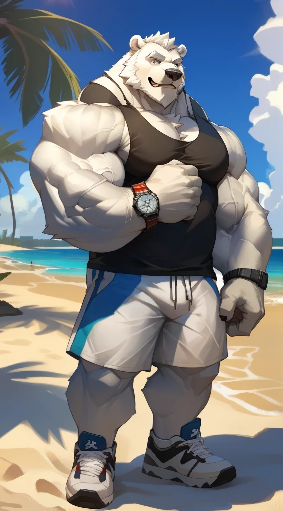 huge muscular polar bear in street city, big smile, polar bear, huge white fur, thick arm, huge arm, bearded. white hair and beard, bearded, (muscular, pectoral, wide pectoral, thick arms), beach, palm, realistic, 8k, masterpiece, (wearing white shorts, wristbabd, watch and tank top, shoes)