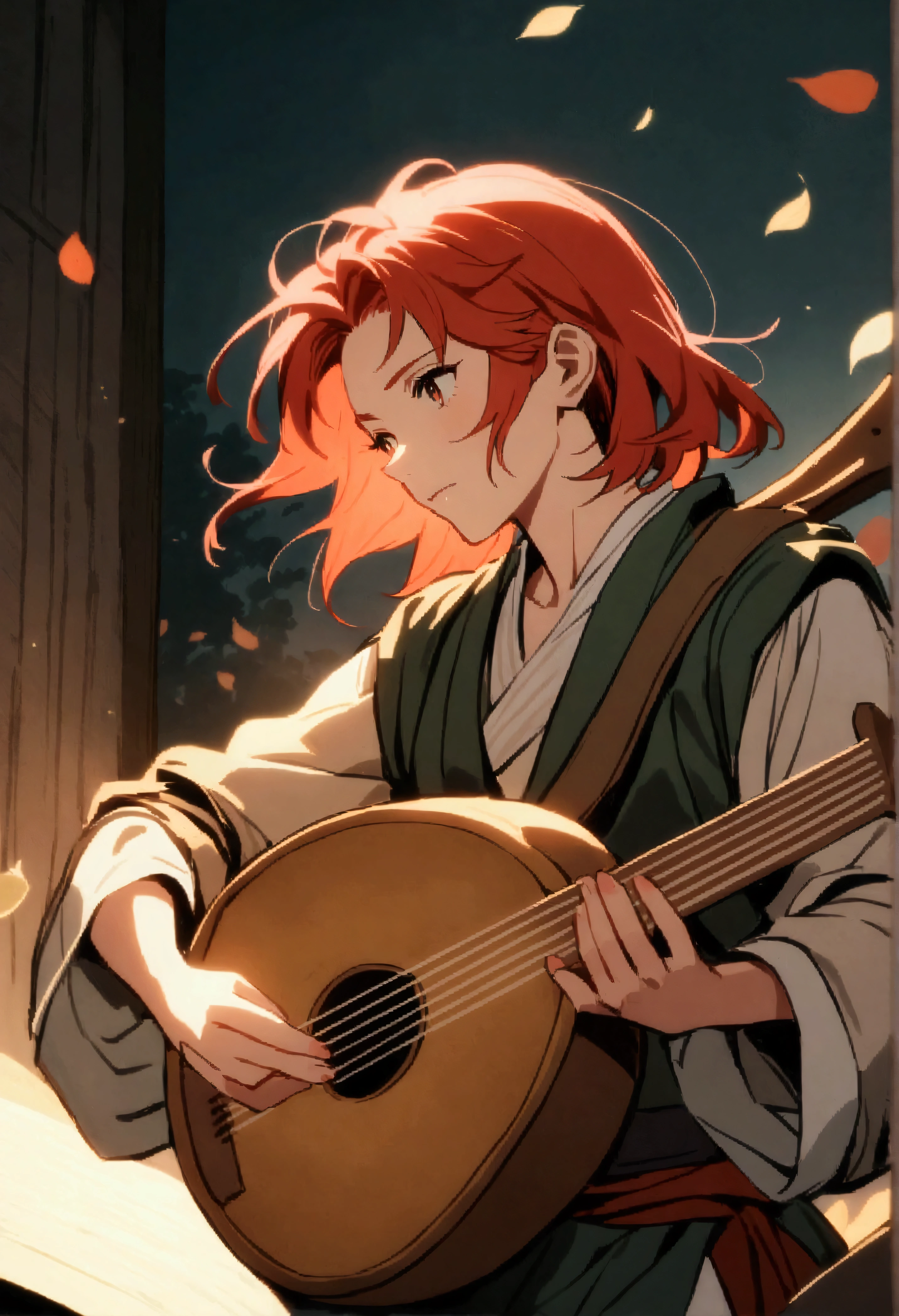 anime - style image of a woman playing the guitar in a room, kvothe do nome do vento, Also, a human bard, female protagonist 👀 :8, is playing the lute, demon slayer rui fanart, ( ( ( yoshinari yoh ) ) ), forest elf bard playing lute, anime cover, holding a lute