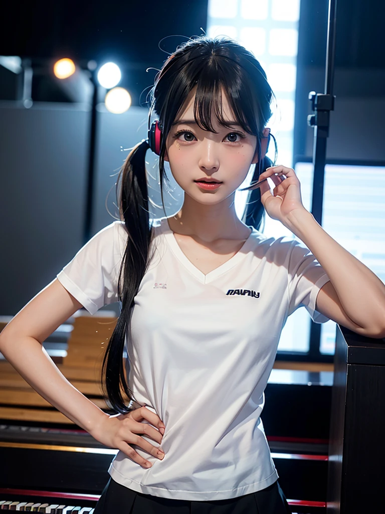 40-year-old Japanese woman、Black Hair、Hair is very short、Twin tails、Hatsune Miku Costume、Headphones、Flat Chest、Realistic photos、Realistic、8K quality、expensive、No bangs、High resolution, Highest quality, Anatomically correct, Winner of numerous awards, Ultra high definition, Live Performance Venues、Playing the piano、Wide-angle shot,