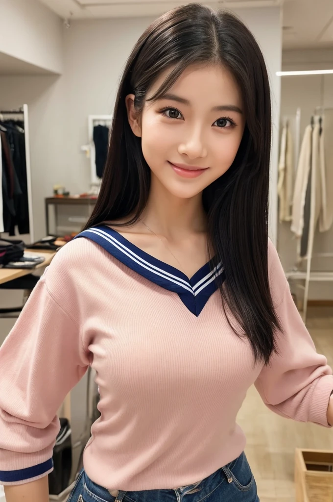 紺と白のセーラー服、Drama club room, high school senior, drama club president, ((full body)), ((photo)), ((best qualtiy, 8K, tmasterpiece:1.3)), Focus:1.2, perfect figure beautiful girl:1.4, 1girl, cowboy shot, look at viewer, eyes facing the camera, incredibly absurd, beautiful and cute girl with a photorealistic face, showcasing top-quality craftsmanship, A Japanese girl preparing for club activities in the drama club room, 15 years old, long, straight, silky black hair, fair skin, big eyes, thin eyebrows, double eyelids, long eyelashes, pink lips, smile, devilish smile, gorgeous features, well-defined facial features, beautiful face line, mysterious beauty, slender, tall, well-balanced proportions, large E-cup breasts, navy blue sailor uniform, favorite silver accessories, well-groomed nails, pretty girl, beauty, devilish type, pretty older sister, passionate about art, sociable, friendly, positive, has leadership skills, is proactive, is flexible, gets things done efficiently, works hard towards dreams and goals, May