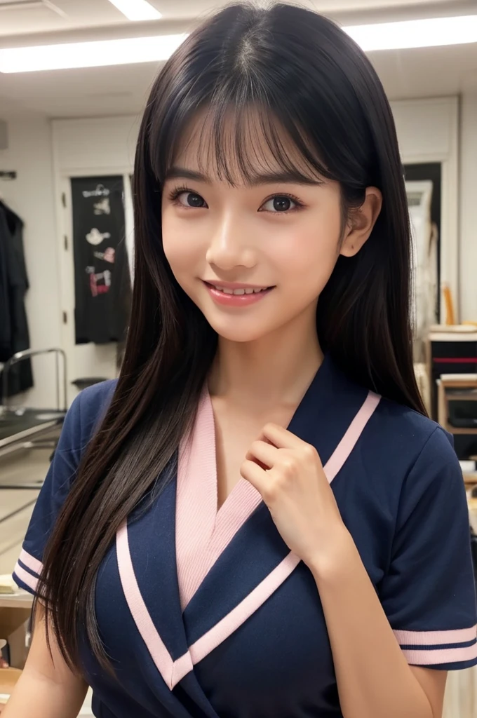紺と白のセーラー服、Drama club room, high school senior, drama club president, ((full body)), ((photo)), ((best qualtiy, 8K, tmasterpiece:1.3)), Focus:1.2, perfect figure beautiful girl:1.4, 1girl, cowboy shot, look at viewer, eyes facing the camera, incredibly absurd, beautiful and cute girl with a photorealistic face, showcasing top-quality craftsmanship, A Japanese girl preparing for club activities in the drama club room, 15 years old, long, straight, silky black hair, fair skin, big eyes, thin eyebrows, double eyelids, long eyelashes, pink lips, smile, devilish smile, gorgeous features, well-defined facial features, beautiful face line, mysterious beauty, slender, tall, well-balanced proportions, large E-cup breasts, navy blue sailor uniform, favorite silver accessories, well-groomed nails, pretty girl, beauty, devilish type, pretty older sister, passionate about art, sociable, friendly, positive, has leadership skills, is proactive, is flexible, gets things done efficiently, works hard towards dreams and goals, May
