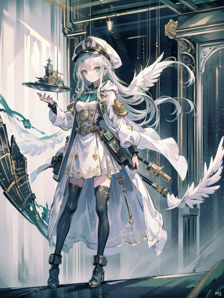One girl, (masterpiece), Highest quality, Silver Hair, Semi-long hair, Green Eyes, smile, (low length), (Young), Steampunk costumes, Put on a white coat, Fantasy, White Wings, Newsboy cap with goggles, High resolution