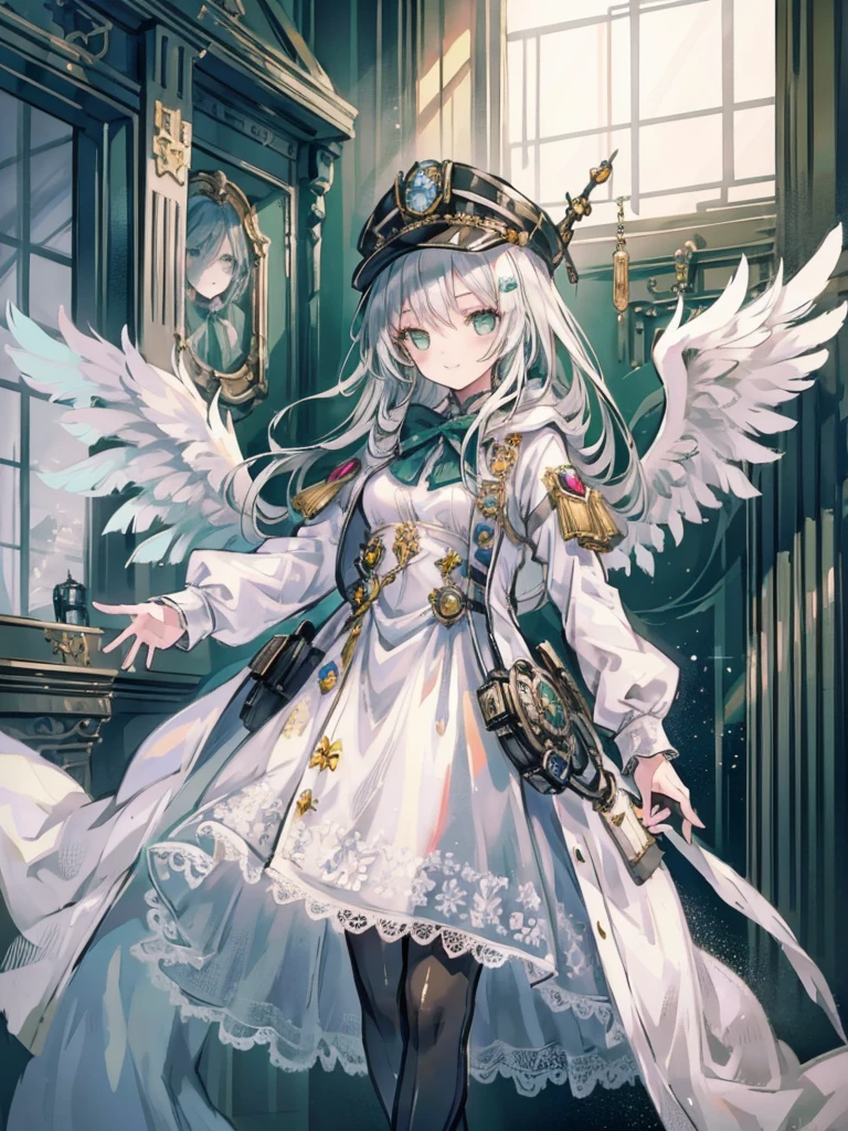 One girl, (masterpiece), Highest quality, Silver Hair, Semi-long hair, Green Eyes, smile, (low length), (Young), Steampunk costumes, Put on a white coat, Fantasy, White Wings, Newsboy cap with goggles, High resolution