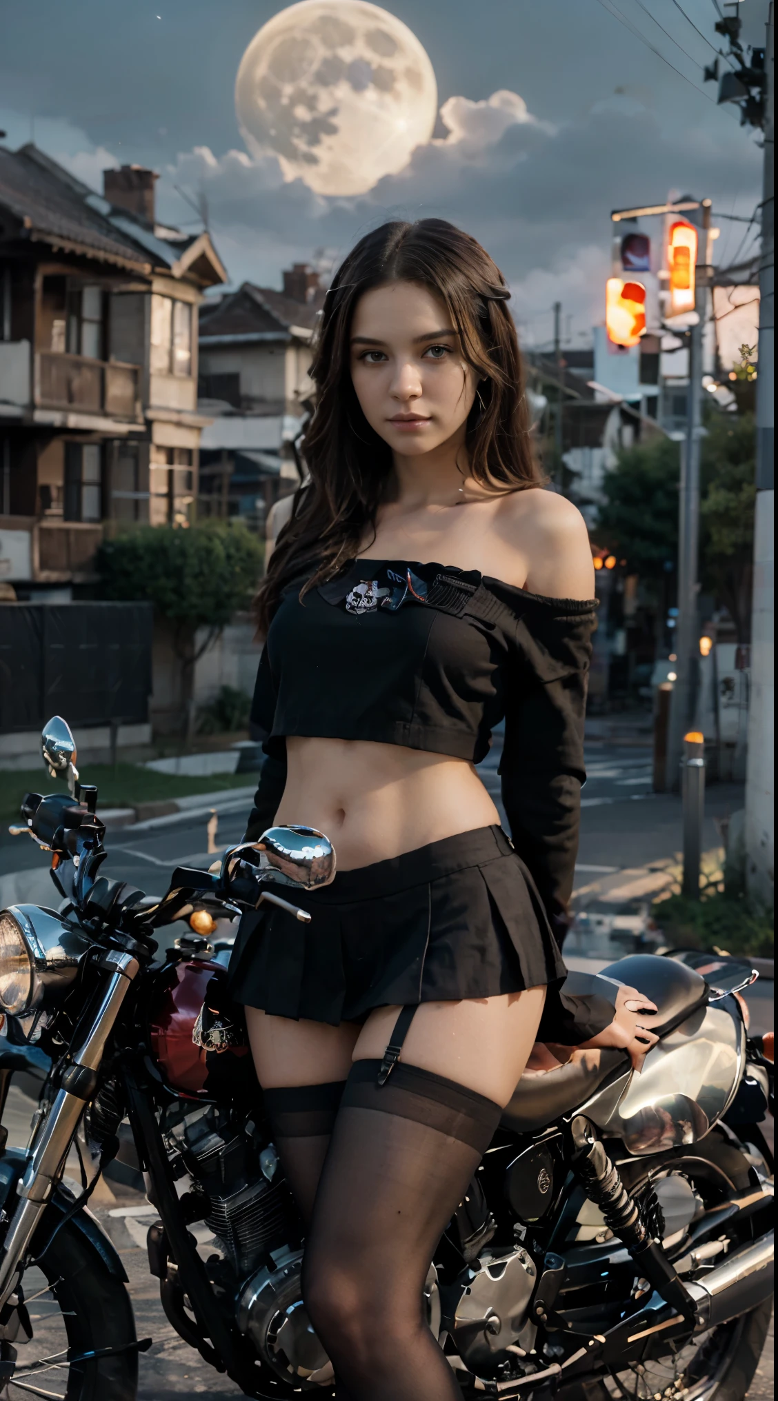 17-year-old Waifu School Girl posando na frente de uma motocicleta futurista, the motorcycle has skulls and blue flames highly detailed 3D graphics, night scenery with full moon in the background, she is wearing a Red Off-shoulder SchoolUniform with 3D skulls and flames and Sailor Miniskirt, Pantyhose , HDR, epic realism, high-octane rendering, obra de arte,