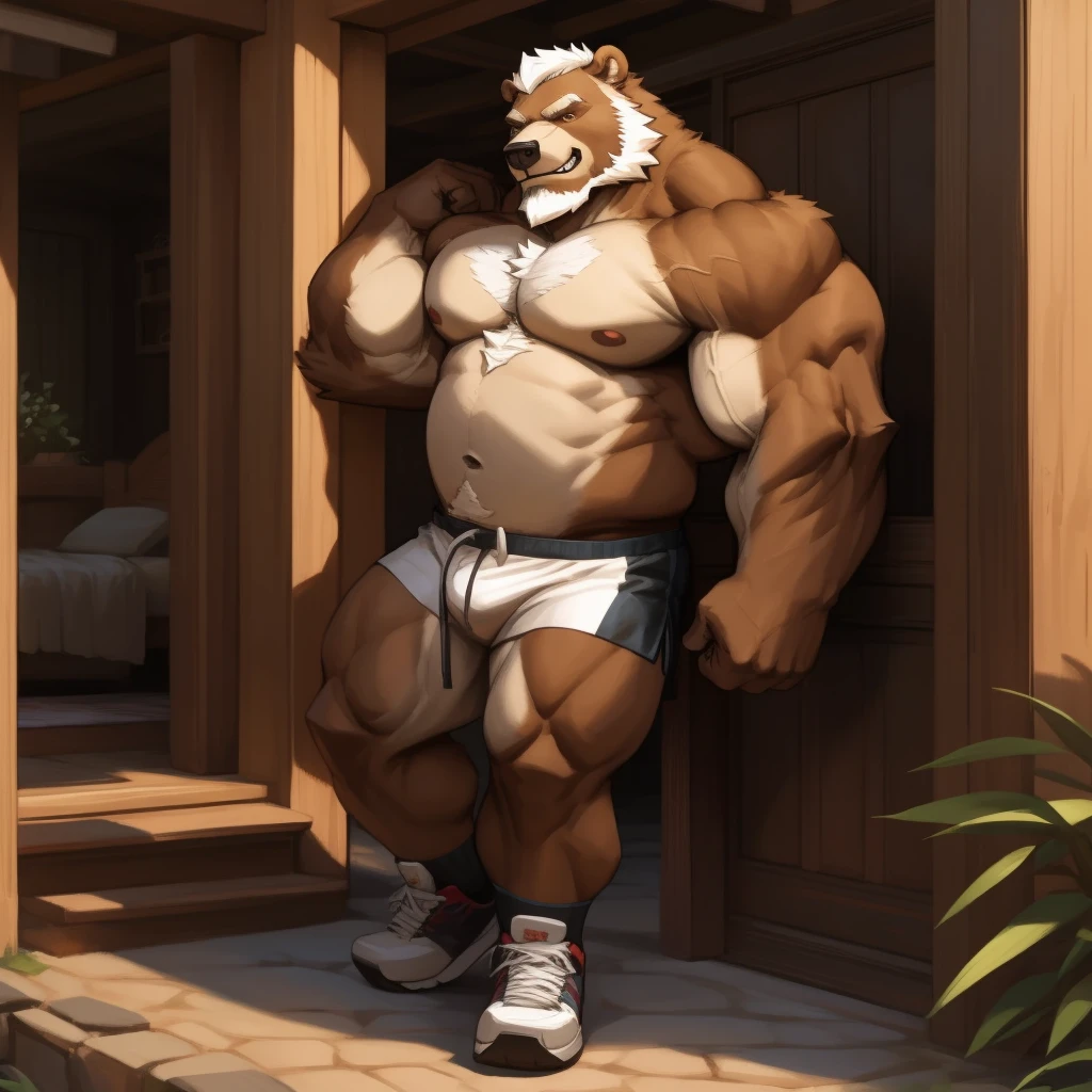 a potrait, full body, semirelistic:1.2, masterpiece, detailed face, muscular old grizzly bear in front house, old bear, thick arm, huge arm, huge brown fur, bearded. white hair and beard, bearded, muscular, pectoral, wide pectoral, realistic, 8k, masterpiece, (wearing white shorts and shirtless:1.3, shoes), grin