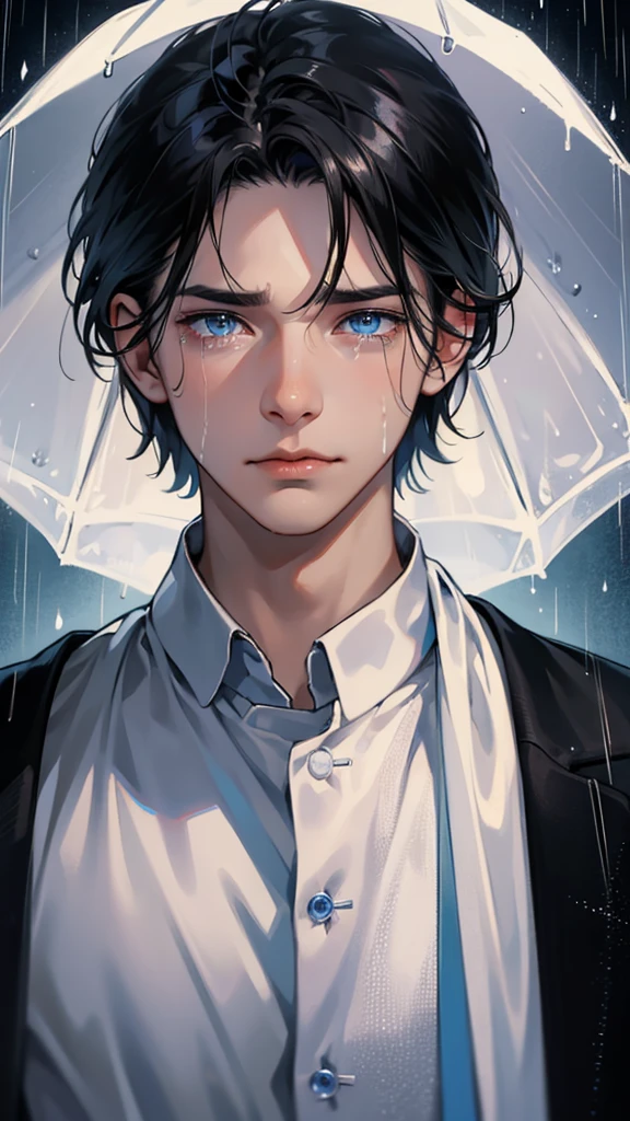 a guy looking into the light surrounded by rain 1boy, male focus, blue eyes, tears, solo, black hair, portrait, crying